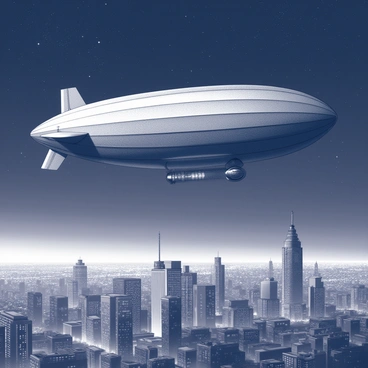 An airship is gracefully floating across a night sky filled with countless stars. The airship features a large, rounded envelope and a sleek gondola underneath. Below, a sprawling cityscape is visible, with numerous buildings and structures illuminated by bright lights that twinkle like stars. The contrast between the dark sky and the bright city lights creates a vivid scene.