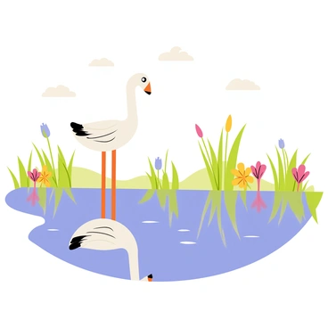 A "cigogne" with a long neck, white feathers, and black wing tips stands on the edge of a "calm, reflective lake." The surface of the water mirrors the "cigogne," creating a beautiful reflection of its elegant form. Lush green reeds and vibrant wildflowers surround the lake, adding color to the scene. Light ripples gently disturb the water's surface, creating soft waves that subtly alter the reflection. The sky above is clear with a few fluffy white clouds scattered throughout.