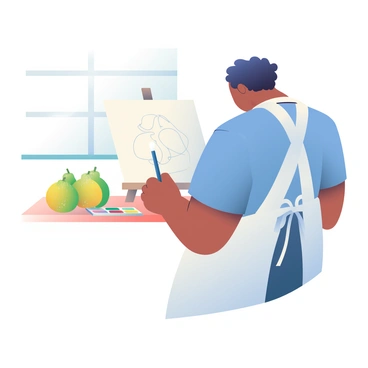 An artist with light brown skin and curly black hair is standing in front of a wooden table, focused on painting a still life. On the table, there are several ripe guavas with a pale green and yellow color, their surfaces slightly speckled. The artist is wearing a white apron over a casual blue shirt and is holding a paintbrush in their right hand. A palette with various colors is resting on the table next to the guavas, and there is a small easel holding a canvas with the initial outlines of the composition. Soft natural light is illuminating the scene from a nearby window, casting gentle shadows on the table.