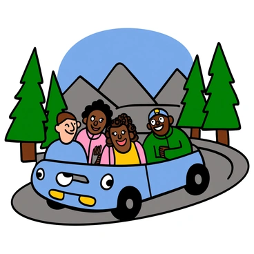 A group of four friends inside a car, laughing and sharing stories during a road trip. The driver is a light-skinned man with short, brown hair, wearing a blue t-shirt. Next to him is a dark-skinned woman with big eyes and curly hair, wearing a yellow tank top. In the backseat, there is a light-skinned woman with big eyes and long, straight hair, wearing a pink hoodie, and a dark-skinned man with big eyes and a baseball cap, wearing a green jacket. The car is driving along a winding road surrounded by tall trees and a mountain range in the background, with a clear blue sky overhead.