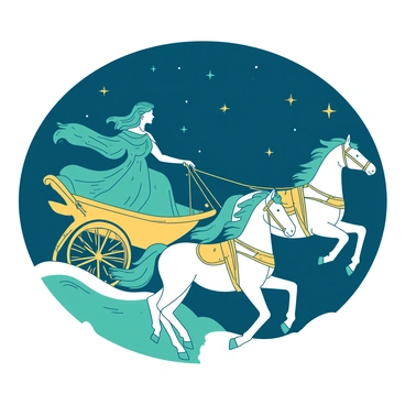 A teal figure representing "Artemis" is riding her golden mythological chariot, which is being pulled by two white horses galloping across a "starry night sky." The chariot is adorned with intricate designs, and Artemis is wearing flowing robes that billow in the wind. The stars are bright and scattered across the deep blue sky, creating a magical backdrop for her journey. The horses have their manes flowing elegantly as they race through the celestial landscape, showcasing their strength and grace.