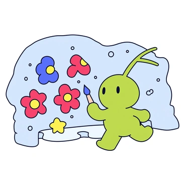A small Pikmin with a bright green body is using a tiny brush to paint a colorful mural on a rough cave wall. The mural features various vibrant flowers and whimsical shapes in shades of red, blue, and yellow. The Pikmin is standing on its tiptoes, focused intently on adding details to the artwork. Small droplets of paint are splattered around, showcasing the playful nature of the scene. The cave wall has a textured, rocky surface, enhancing the contrast with the smooth, colorful mural being created.