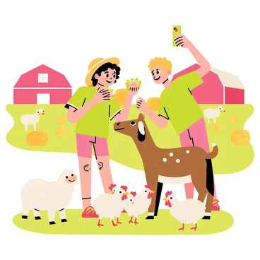 Two best friends, a girl with curly brown hair wearing a straw hat and a boy with short blond hair in a green t-shirt, are standing in a sunny farmyard. The girl is holding a handful of feed, smiling as she leans down to feed a friendly brown goat with white spots. The boy is laughing next to her, holding a smartphone up to take a selfie with the goat in the frame. In the background, there are a variety of animals, including a fluffy white sheep and a group of cheerful chickens pecking at the ground. A red barn is visible in the distance, surrounded by green grass and hay bales.