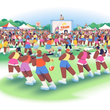A large outdoor fitness festival is taking place, filled with participants engaged in synchronized barbell curls. There are individuals of diverse backgrounds with various skin tones, wearing vibrant athletic clothing that includes tank tops and shorts. Some participants have their hair tied back in ponytails, while others sport headbands to keep their hair in place. 

In the foreground, a group of men and women is lined up, each holding a barbell at shoulder height, performing the curls in perfect unison. The sunlight casts long shadows on the grass beneath them. Nearby, a stage is set up with a speaker encouraging the crowd, and banners promoting fitness brands are visible. 

Onlookers are cheering and clapping, creating a lively atmosphere filled with excitement. Colorful tents and booths surround the main area, showcasing various fitness equipment and nutrition products. In the background, a bright blue sky contrasts with the energy of the event.