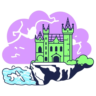 A grand gothic mansion stands prominently on a cliff, overlooking a stormy sea. The mansion features intricate architectural details, including pointed arches and gargoyles adorning its rooftops. Dark clouds fill the sky, and in the distance, bolts of lightning illuminate the atmosphere. The sea below is turbulent, with crashing waves hitting the rocky shore. The overall scene conveys a sense of dramatic tension, with the mansion contrasting against the dynamic stormy elements.