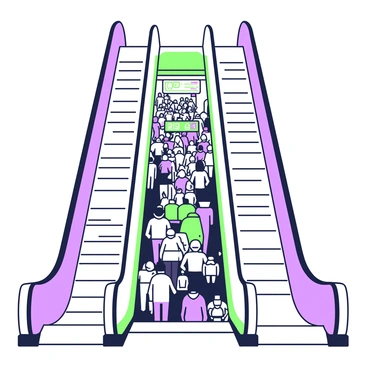 A long escalator descends into a busy subway station. The escalator has a sleek, modern design with metallic steps and handrails. At the bottom of the escalator, a crowded subway platform is visible, filled with commuters waiting for the train. Some people are standing, while others are seated on benches. The platform is lined with bright advertisements and signs, providing directions and information. The lighting is bright and the atmosphere is bustling with movement as people rush to catch their trains.