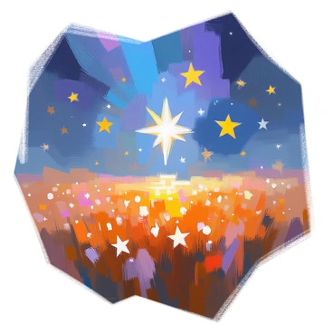 A vast field filled with various star shapes, including five-pointed stars, six-pointed stars, and swirling star-like forms. The stars are scattered throughout the field, each shining brightly against a deep blue night sky. The background features a gradient of dark blues and purples, creating a sense of depth. Some stars are larger and more luminous, while others are smaller and twinkling softly. The overall scene captures a magical and enchanting atmosphere.