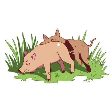 Two playful young wild boar piglets with light brown fur are energetically chasing each other through tall green grass. The piglets are darting between the blades of grass, their ears perked up and tails wagging in excitement. Sunlight filters through the grass, casting soft shadows as the piglets tumble over each other in their playful antics. One piglet has a small patch of white on its back, while the other has darker stripes along its sides, highlighting their youthful vigor and curiosity.