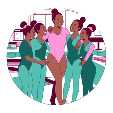 A pink Simone Biles is standing in the center of a supportive huddle with her gymnastics team. The team members are dressed in matching teal leotards, all smiling broadly at each other. Each gymnast has their arms around one another, creating a sense of unity and camaraderie. The background is a blurred indoor gym setting, featuring equipment such as balance beams and mats, enhancing the focus on the joyful moment shared by the team.
