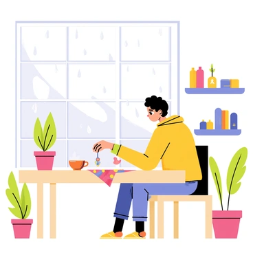 A cozy home setting with a character sewing by the window on a rainy day