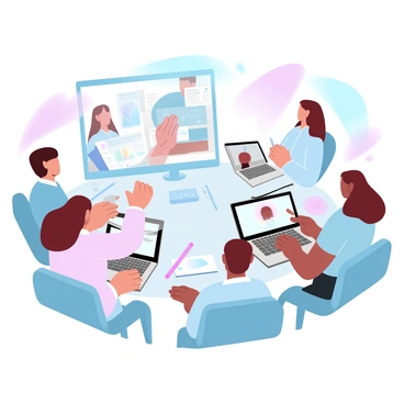 A group of diverse students is sitting at their desks, each engaged in a video call for an illustration class. Each student has a laptop open in front of them, displaying an art software interface. Some students have sketchbooks and colored pencils nearby, while others use digital drawing tablets. The room is filled with various art supplies, such as brushes and paints. Each student appears focused on their screens, with digital artwork visible on their laptops. Light from the screens casts a soft glow in their respective study areas, creating a cozy atmosphere.