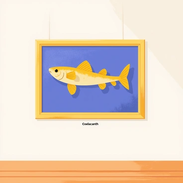 A classic-style painting of a coelacanth with a textured blue background. The coelacanth is depicted in rich detail, showcasing its bumpy skin and lobed fins. The painting is framed in an ornate gold frame, hanging on a light-colored wall in an art gallery. Below the painting, a small plaque with the title "Coelacanth" is visible. The gallery has a polished wooden floor and soft lighting illuminating the artwork.