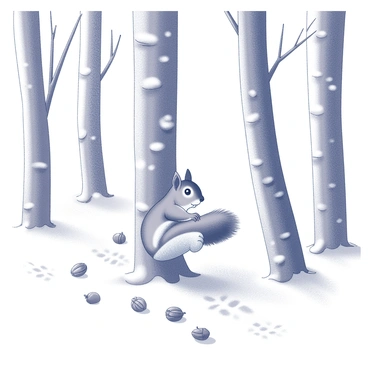 A squirrel is actively gathering nuts in a snowy forest. The squirrel is seen climbing a snow-covered tree, with its bushy tail perked up. Around it, several scattered acorns and walnuts are visible, indicating its foraging efforts. The ground is blanketed in fresh, white snow, with clear tracks leading from one tree to another, showcasing the squirrel's movement through the forest. Tall, bare trees surround the scene, their branches heavy with snow.