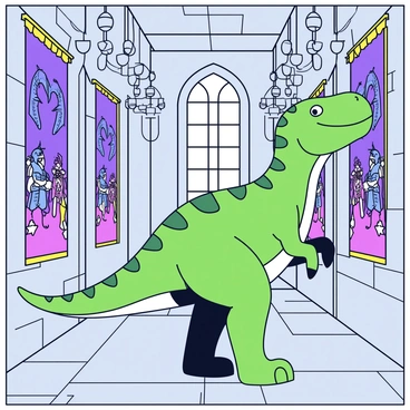 A large T-Rex with green scales stands in a grand medieval castle hall. The dinosaur's head is tilted as it examines colorful tapestries hanging on the stone walls. The tapestries depict scenes of knights and dragons. The floor is made of large grey stones, and tall windows allow light to filter in, casting shadows across the room. Ornate chandeliers hang from the ceiling, adding an element of grandeur. The T-Rex's tiny arms dangle at its sides as it curiously inspects the details of the fabric.