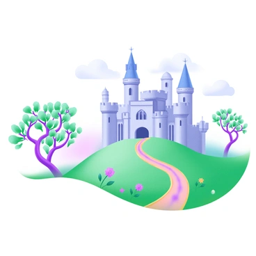 A detailed line drawing of a "fantasy castle" with multiple towers and spires, sitting atop a "green hill" with a winding path leading to its entrance. The castle features intricate stonework and large arched windows. In the foreground, there are "ancient trees" with twisting branches and a "clear sky" above, dotted with fluffy clouds. The hill is covered in "wildflowers" in various colors, adding texture and interest to the scene. The overall composition showcases the grandeur of the castle against the serene landscape.