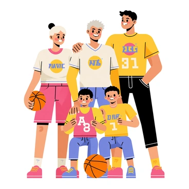 A multi-generational family portrait featuring a diverse group of family members, including grandparents, parents, and children. Each family member is wearing brightly colored basketball jerseys with different team logos. The grandparents stand proudly in the center, smiling, while the parents are on either side, playfully posing. Young children are kneeling in front, showing excitement, and holding a basketball between them. The background is a simple indoor setting, emphasizing the family bond and love for basketball.