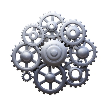 A complex arrangement of interlocking gears and cogs in motion, showcasing various sizes and shapes of metallic elements. The gears are made of shiny steel, with intricate details and textures visible on their surfaces. Some gears are large, while others are small, creating a dynamic visual contrast. The cogs are spinning in different directions, highlighting the mechanical movement and interconnectivity of the components. Shadows and reflections on the metal surfaces add depth to the scene. The background is a subtle gradient to emphasize the intricate machinery in action.