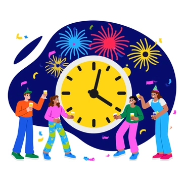A festive New Year’s Eve celebration scene features a large, illuminated countdown clock displaying "00:00" at midnight. The background is filled with vibrant fireworks bursting in various colors, such as red, blue, and yellow, lighting up the night sky. People in the foreground are celebrating, some holding glasses of champagne, while others are wearing party hats and throwing confetti. Streamers and balloons are scattered around the ground, adding to the festive atmosphere.