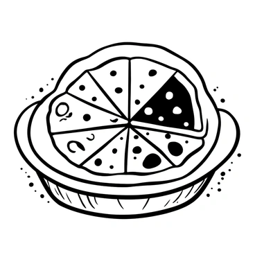 A round pizza on a white plate, divided into six equal slices. Eight slices are indicated, with two of the slices shaded to illustrate the fraction "8/6." The shaded slices are rendered in a bold pattern, contrasting with the unshaded slices. The pizza is topped with various ingredients, and the plate is placed on a textured surface.