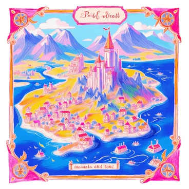 An old-world style map illustration displays a fantasy kingdom. The map features rolling hills and towering mountains, intricately drawn with detailed contours. There are winding rivers flowing through the landscape, marked with delicate lines. Small villages with tiny houses are scattered throughout, represented by small icons. A majestic castle stands prominently in the center of the kingdom, detailed with turrets and flags. Surrounding the map, there are ornate border designs filled with mythical creatures and compass roses. The names of various locations are written in elegant calligraphy.
