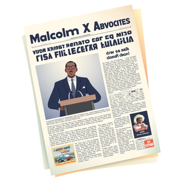 A vintage newspaper front page is displayed prominently. The headline reads "Malcolm X Advocates for Equality," written in bold, large font at the top. Below the headline, there is a black and white photograph of Malcolm X, showcasing him speaking passionately at a podium, wearing a dark suit and glasses. The article is positioned to the right of the photograph, featuring several paragraphs of text discussing his impact on civil rights. In the corners, there are vintage advertisements for local businesses, such as a classic car dealership and a soda fountain. The paper's edges are slightly yellowed, adding to the vintage effect.