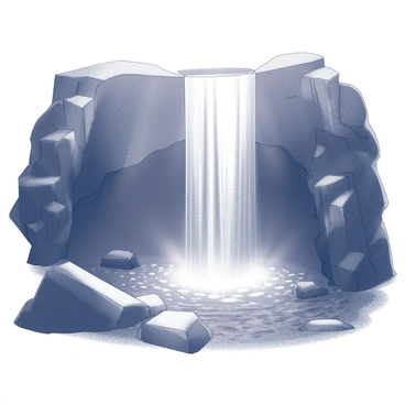 A hidden cave is situated behind a cascading waterfall. The waterfall creates a shimmering curtain of water, with droplets glistening as they catch glimpses of light. Sunlight streams through the watery curtain, illuminating the entrance to the cave. Inside the cave, dark rock formations create a textured backdrop, while patches of wet stone reflect the light that filters in. The atmosphere around the waterfall is filled with mist, enhancing the sense of serenity and mystery surrounding the hidden space.