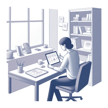 A modern artist seated at a desk in a home studio. The artist is focused on a tablet, holding a stylus in the right hand, as they work on digital illustrations. Various art supplies are scattered around the desk, including sketchbooks and colored pencils. The background features shelves filled with books and art supplies, creating a creative atmosphere. A cozy chair is positioned nearby, adding to the studio's inviting feel. A window allows natural light to illuminate the space, enhancing the artist's workflow.