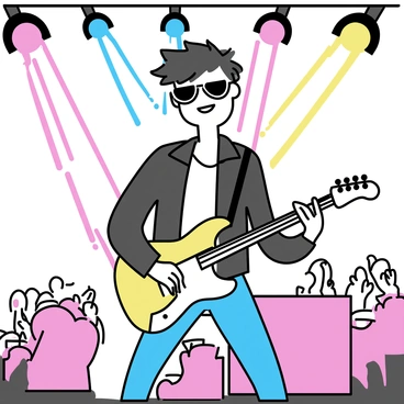 A man resembling Vadivelu, dressed in a stylish rockstar outfit with a leather jacket and sunglasses, stands center stage. He is energetically playing an electric guitar, with his fingers positioned on the fretboard. The stage is illuminated by bright, flashing lights in various colors, creating a dynamic atmosphere. The crowd in the background is visible, cheering and enjoying the performance.