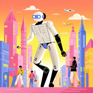 A sleek, metallic robot with smooth, angular features is exploring a vibrant city filled with colorful buildings. The robot has glowing blue eyes and intricate circuit patterns etched into its surface. Surrounding the robot are tall skyscrapers with bright neon lights in shades of pink, green, and yellow. There are hovering vehicles flying above the streets, and people in futuristic attire walking alongside the robot, engaged in their activities. The sky is a vivid shade of sunset orange, contrasting with the lively colors of the city, creating a bustling atmosphere.
