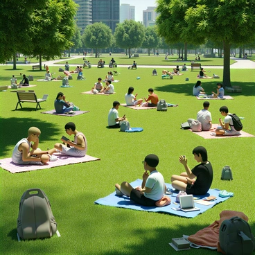 A vibrant urban park filled with people enjoying their leisure time. There are groups of friends sitting on the grass, each engaging with their smartphones and tablets, with visible Wi-Fi symbols on their screens indicating their connection to the citywide Wi-Fi. Some individuals are lounging on picnic blankets, while others are playing frisbee or walking their dogs. Tall trees provide shade around the park, and benches are occupied by people reading books or working on laptops. The sun is shining, creating a lively atmosphere in this city park.