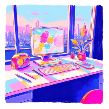 A futuristic computer is positioned on a sleek, minimalist desk. The computer features a rounded, metallic design with glowing accents. A holographic display is projecting vibrant images of visual art in mid-air, showcasing swirling colors and dynamic patterns. The surrounding space is filled with soft lighting that enhances the colors of the holograms. On the desk, there are a few digital tools, such as a stylus and a tablet, suggesting an artist's workspace. Behind the computer, a large window reveals a city skyline with towering skyscrapers and a twilight sky.