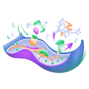 An illustration depicting the movement and flexing of "phospholipids" within a cell membrane. The image features a cross-sectional view of the membrane, with various "phospholipid" molecules represented in different colors to indicate their hydrophilic heads and hydrophobic tails. Some "phospholipids" are shown tilting and shifting, creating a dynamic effect. Small arrows indicate the lateral movement of the "phospholipids," while textured patterns in the background suggest fluidity. Additionally, there are small embedded proteins and carbohydrate chains visible on the surface, enhancing the complexity of the membrane structure.