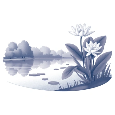 A calm lake surrounded by lush greenery. The surface of the water reflects several white lilies that are growing at the shore. The lilies have broad leaves and delicate petals, creating a natural border along the water's edge. Gentle ripples disturb the surface, adding texture to the reflection of the flowers and the surrounding trees.