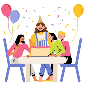A cartoon girl with long brown hair wearing a colorful party hat is smiling at the center of a lively birthday party. She is surrounded by three friends, each with distinct hairstyles and clothing, celebrating together. The background features vibrant balloons in various colors tied to chairs and a table. On the table, there is a large round cake decorated with pink frosting and lit candles. The atmosphere is filled with joy as confetti is falling from above, adding to the festive mood.