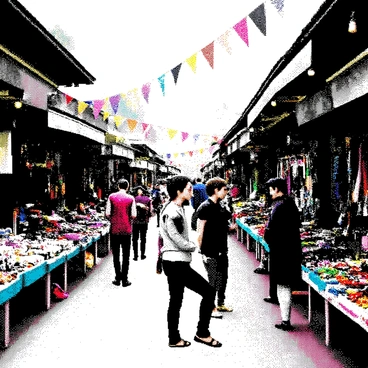 A bustling market scene is filled with numerous stalls, each showcasing a variety of exotic and whimsical goods. The stalls are adorned with bright decorations, and vendors are engaged in animated discussions with customers. Various items such as intricate wooden carvings, vibrant textiles, and unique ceramic pieces are displayed prominently. The ground is crowded with people browsing and exploring the different offerings, creating a dynamic atmosphere. Above, colorful banners flutter in the breeze, adding to the lively scene.