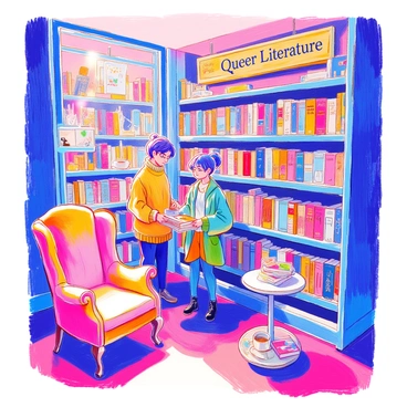 A cozy bookstore corner features a section labeled "Queer Literature" prominently displayed on a wooden sign above the shelves. The shelves are overflowing with colorful book spines, some with intricate covers. Two people are browsing the shelves; one is a young woman with short, dyed blue hair, wearing a yellow sweater, and the other is a middle-aged man with glasses and a green cardigan. A plush armchair sits nearby, inviting readers to relax. Soft, warm lighting creates a welcoming atmosphere. A small table beside the armchair holds a steaming cup of coffee and a stack of books.