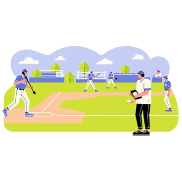 A high school baseball team practicing on a green grass field beneath a clear blue sky. The players are dressed in matching team uniforms, with caps and gloves. One player is at the batter's box, swinging a bat to hit a white baseball. Nearby, another player is positioned in the outfield, ready to catch a fly ball. A coach stands behind home plate, observing the practice with a clipboard in hand. In the background, there are bleachers with a few spectators watching the practice session.