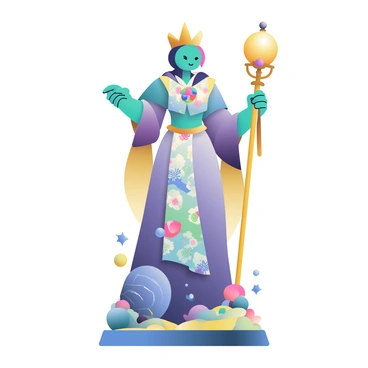 An alien queen action figure is center stage, showcasing an intricate design. She has vibrant, iridescent skin with shades of teal and purple. Her regal crown is adorned with jewels that shimmer in various colors, reflecting light. The queen is dressed in flowing robes that cascade elegantly around her, featuring intricate patterns resembling alien flora. Her arms are slightly raised, and her long, slender fingers grasp an ornate staff topped with a glowing orb. The figure stands on a small display base that resembles a cosmic landscape with stars and planets.