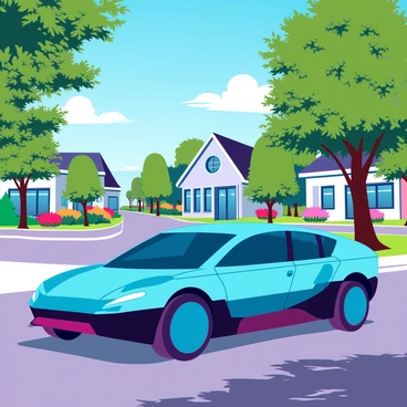 A sleek, self-driving car with a smooth, aerodynamic design is cruising down a wide road. The car is painted in a glossy metallic blue, reflecting the sunlight. Lush, green trees with vibrant leaves line both sides of the road, casting dappled shadows on the pavement. In the background, there are charming suburban houses with well-manicured lawns and colorful flower beds. The sky is a clear blue, with a few fluffy white clouds scattered across it. The car's windows are tinted, giving it a modern appearance as it glides silently along the street.