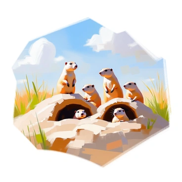 A family of prairie dogs is peeking out from their burrows set in an open plain. The burrows are mounded earth formations with the prairie dogs emerging cautiously. Their fur is a light brown color, blending with the landscape. The surrounding grass is tall and green, gently swaying in the breeze. In the background, a clear blue sky stretches out, dotted with a few fluffy white clouds. The prairie dogs' expressions show curiosity as they look around their environment. Some are standing on their hind legs, while others are half-hidden inside the burrows.