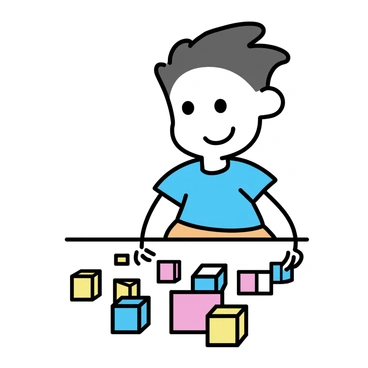 A cartoon character, with large expressive eyes and a cheerful smile, is focused on solving a puzzle. The character has short, spiky hair and is wearing a bright blue shirt and orange shorts. In front of the character, there is a vibrant array of colorful blocks in various shapes, including squares, triangles, and circles. The blocks are scattered across a flat surface, and some blocks are positioned as if the character is about to move them into place. The background is a simple gradient, enhancing the visual appeal of the character and the puzzle.