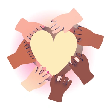 Several hands of different ages and skin tones are coming together to form a heart shape in the center of the image. The hands vary from small, youthful hands with light brown skin to larger, aged hands with deep brown skin. There are also medium-sized hands with a tan complexion, and all hands are gently touching at the edges, creating a cohesive heart. The background is softly blended with warm colors to enhance the theme of compassion. Each hand displays subtle details, including wrinkles and varying nail colors, showcasing the diversity of age and experience.