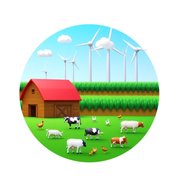 An eco-friendly farm with several wind turbines in the background. In the foreground, a variety of animals are grazing, including cows, sheep, and chickens scattered across the green pasture. The farm features a rustic wooden barn with a red roof, and vibrant crops are growing in neat rows. The sky is clear with a few fluffy clouds, enhancing the peaceful rural atmosphere.
