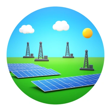 A vast field with several oil rigs positioned prominently among the landscape. There are rows of solar panels aligned neatly in the sun, reflecting light. The scene features a bright blue sky with a few fluffy white clouds scattered throughout. The oil rigs and solar panels are clearly visible, illustrating the contrast between traditional and renewable energy assets. The ground is covered with green grass, adding a vibrant touch to the energy landscape.