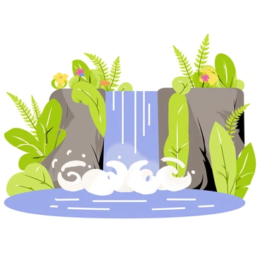 A waterfall with clear, flowing water cascading down a rocky cliff. The waterfall is surrounded by lush, green foliage, including various tropical plants and ferns. Swirling mist rises from the base of the waterfall, creating a soft, hazy effect. The scene is filled with vibrant shades of green, and a few colorful flowers can be seen peeking through the leaves.