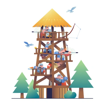 A wooden lookout tower with a sturdy, thatched roof stands tall amidst a forest. The tower has a series of wooden platforms, each filled with archers and swordsmen. The archers are wearing leather armor and have bows drawn, aiming toward the horizon. Some are clutching quivers filled with arrows. The swordsmen, clad in chainmail, are positioned near the entrance, gripping their swords tightly with determined expressions. The scene is bustling with activity as they prepare for battle, and the surrounding trees provide a natural backdrop to the tower. A few birds fly above, adding a sense of life to the setting.