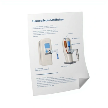 An educational poster featuring a detailed layout of a hemodialysis machine. The poster includes labeled diagrams showing the key components of the machine, such as the dialyzer, blood pump, and tubing. There are clear arrows indicating the flow of blood and dialysis fluid throughout the system. Facts about the functioning of the machine are presented in bullet points alongside the diagrams, emphasizing its purpose in filtering waste and excess fluid from the blood. The background is a light color to enhance readability, and the text is in a clear, legible font.