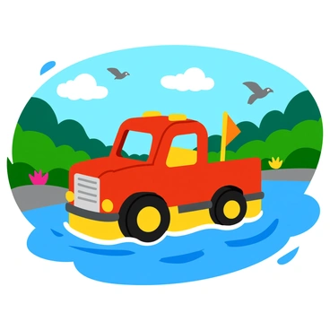A colorful LEGO truck with a bright red body and yellow wheels, equipped with a boat attachment. The truck is floating down a sparkling blue river surrounded by lush green trees and vibrant plants along the riverbank. The boat attachment features a small sail, and the water reflects sunlight, creating playful ripples around the truck. Birds can be seen flying above, and a few fluffy white clouds dot the clear blue sky.