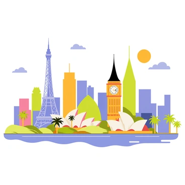 A dynamic city skyline filled with a variety of iconic landmarks from around the world. The skyline includes a tall, slender tower resembling the Eiffel Tower in Paris, a giant clock tower similar to Big Ben in London, and the distinctive shape of the Sydney Opera House. In the foreground, there are silhouettes of palm trees and a river reflecting the buildings. The sky above transitions from a bright blue to soft orange, indicating sunrise or sunset, adding vibrancy to the scene.