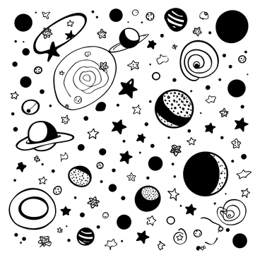 An illustration board displays a dense arrangement of celestial bodies. There are numerous "stars" scattered across the board, varying in size and brightness. "Planets" of different shapes and patterns are positioned amidst the stars, some featuring rings or textured surfaces. A swirling representation of "galaxies" is depicted in the background, showing intricate spiral shapes and clusters. The overall composition is filled with a sense of depth and complexity, emphasizing the vastness of the cosmos.